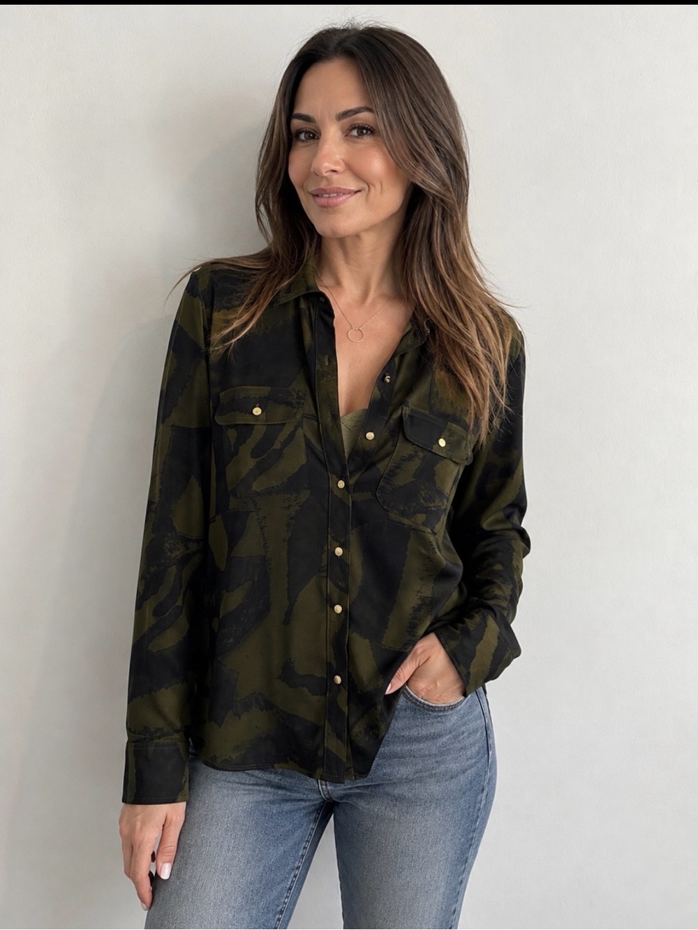 LAUREN RALPH LAUREN Women's Olive Green Multi Zebra-Print Stretch Jersey Shirt